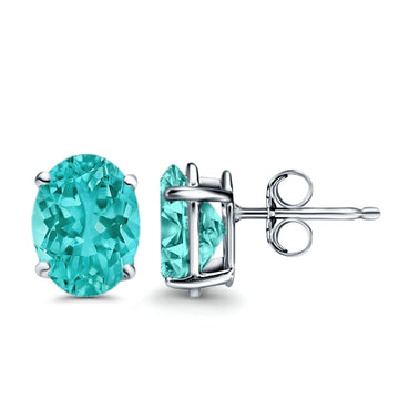 Art Deco Oval Wedding Bridal Solitaire Stud Earrings Simulated Paraiba Tourmaline CZ 925 Sterling Silver-7mmx5mm